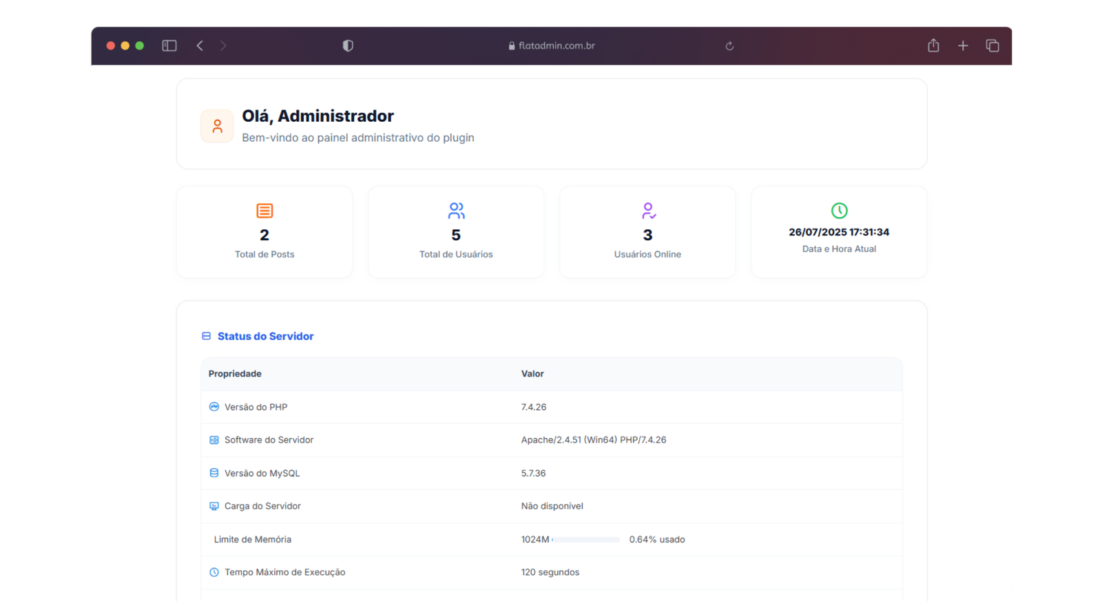 Painel principal e central de comando para administradores do Flat Admin. Exibe métricas globais do site, como total de usuários, posts, status de recursos e registro de logins.