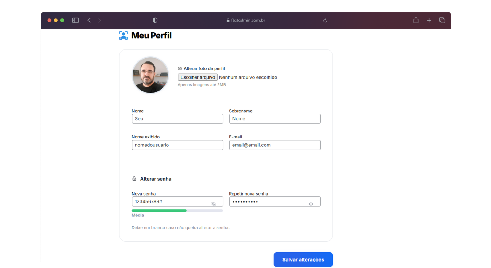 Página dedicada à exibição e edição do perfil do usuário logado. Permite atualizar nome, sobrenome, nome exibido, e-mail, avatar (upload e visualização instantânea), senha (com verificação de força e feedback visual), campos extras, histórico de acessos e logs de alterações.