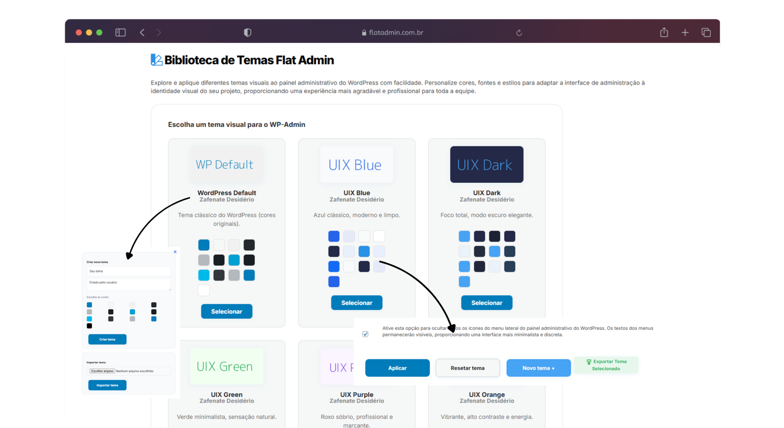 Biblioteca do tema visual para o painel administrativo. Permite visualizar, selecionar cores para personalizar cores do menu e fundo das paginas admin. Ocultação de ícones do menu e criação de ambientes únicos para cada equipe ou cliente.