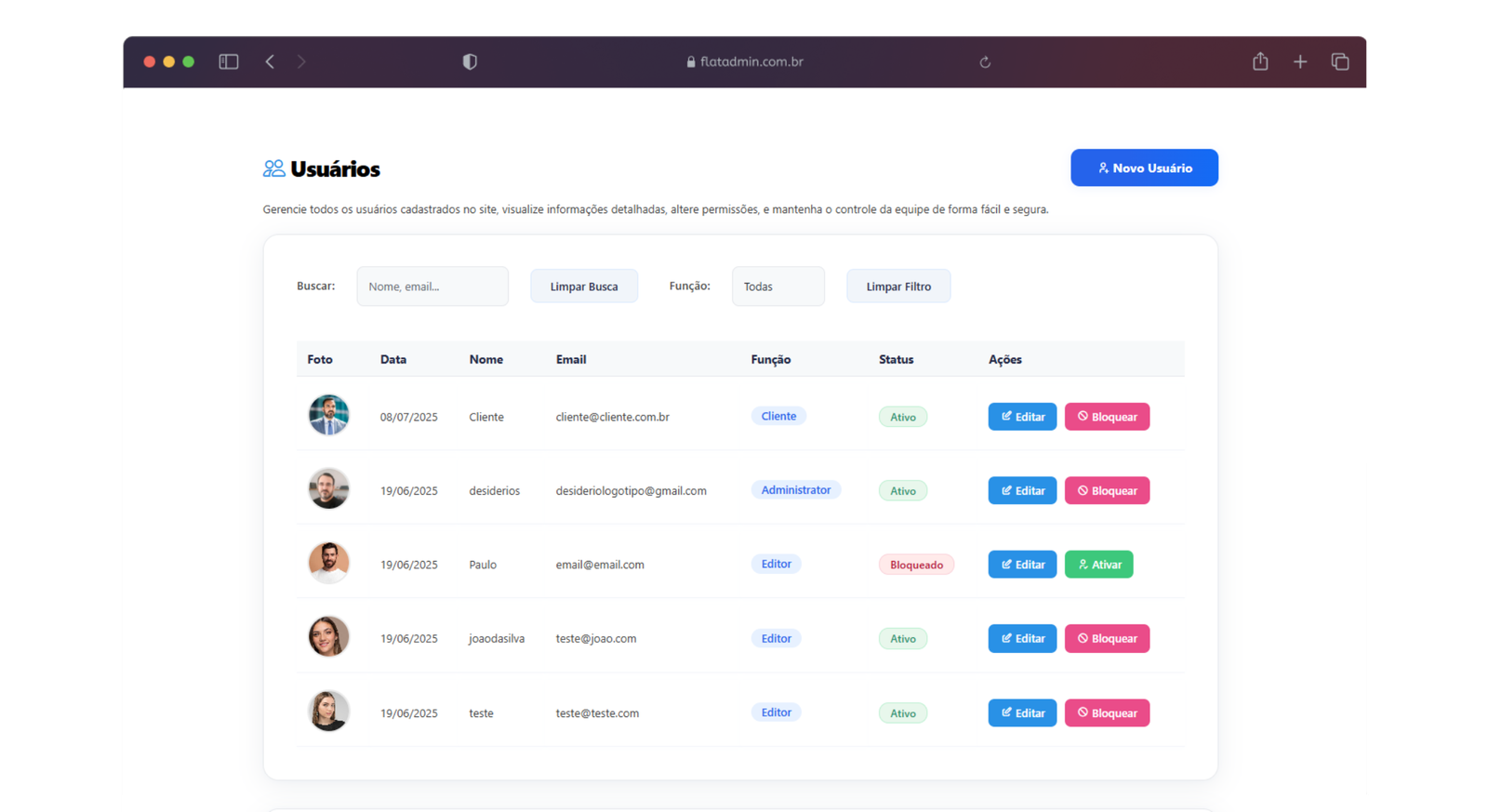 Permite listar todos os usuários cadastrados, filtrar por função, status, nome ou e-mail, e visualizar detalhes do perfil em tempo real. Oferece edição de dados, redefinição de senha, alteração de funções, exclusão de usuários e auditoria de acessos, aplicação de ações em massa (bulk) e criação de novos usuários.