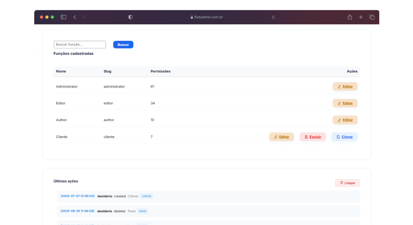 Central de gerenciamento de funções (roles) do WordPress. Permite criar novas funções personalizadas, editar permissões (capabilities) detalhadas de cada papel, clonar regras, excluir ou proteger funções existentes.