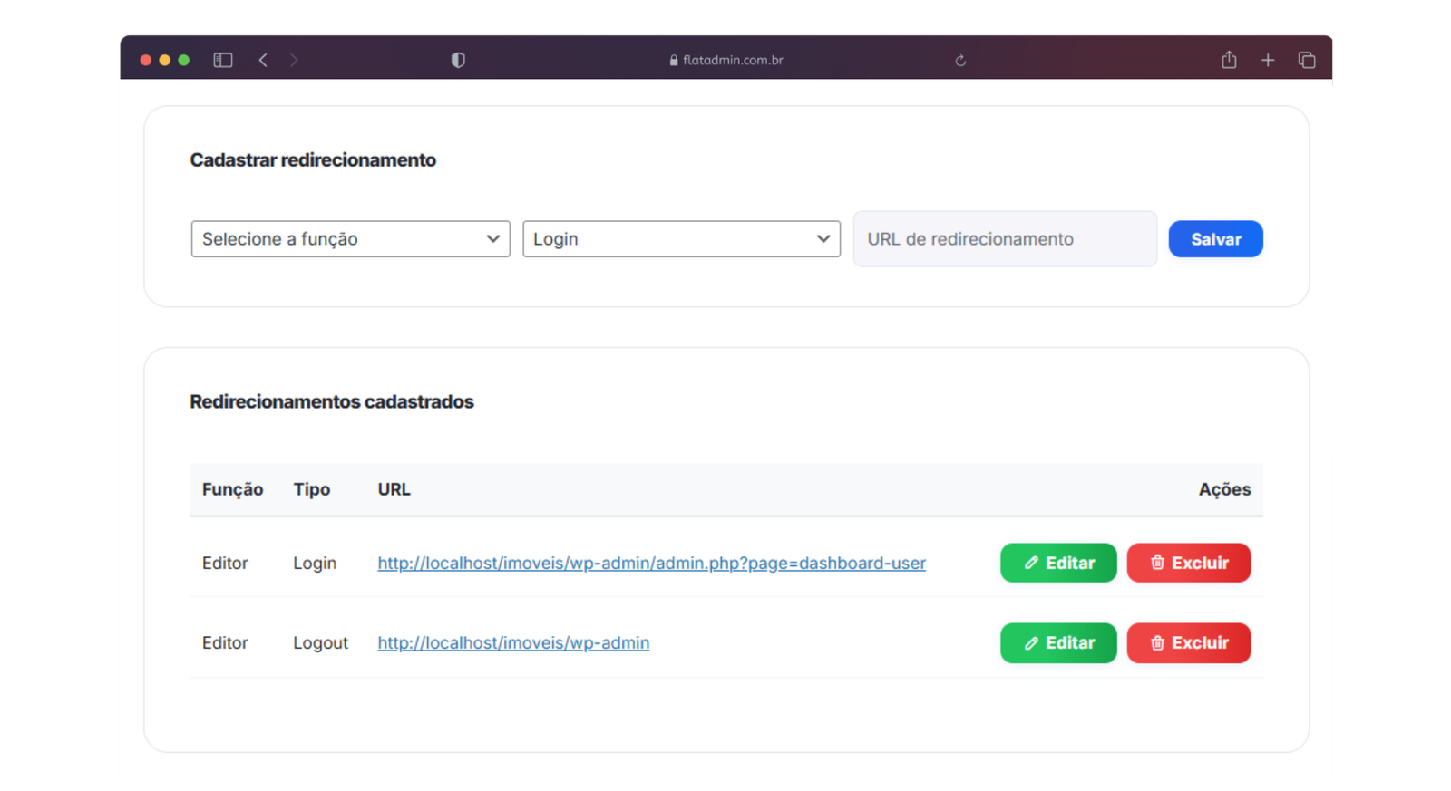 Ferramenta para configuração de redirecionamentos automáticos após login e logout. Permite definir URLs de destino por função (role) ou regra padrão, garantindo que cada perfil seja direcionado para o local ideal ao acessar ou sair do painel.