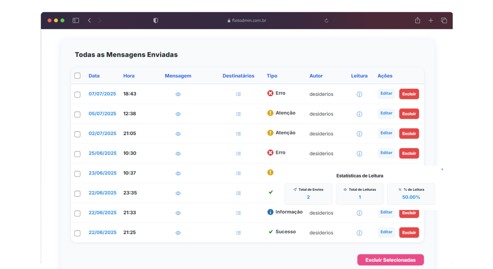 Sistema de envio e gerenciamento de mensagens administrativas para usuários ou funções específicas. Permite cadastrar, editar, excluir (individualmente ou em lote) para mensagens que aparecem no painel dos destinatários.